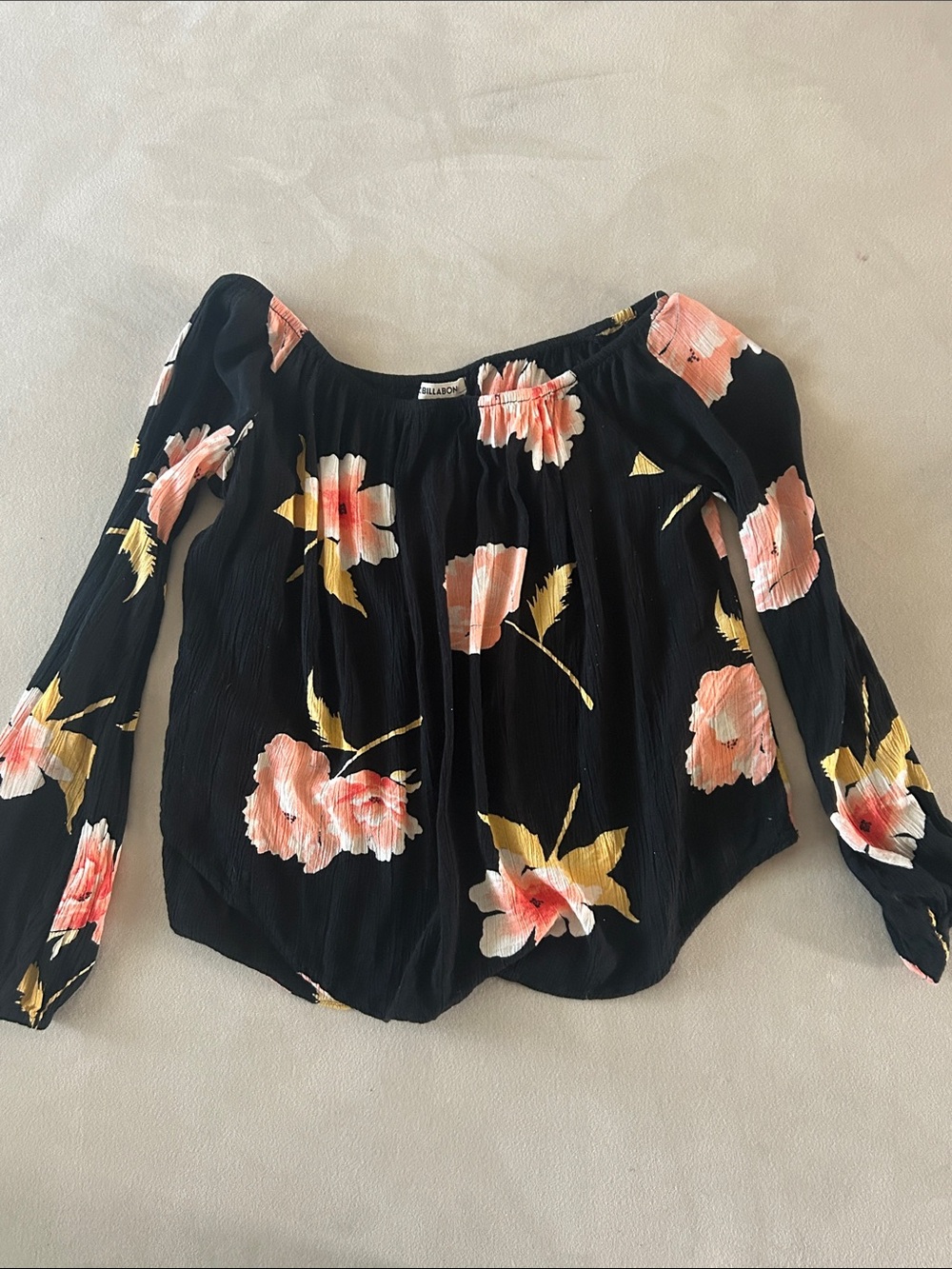 Billabong Black Off-Shoulder Blouse with Pink & Yellow Floral Print
